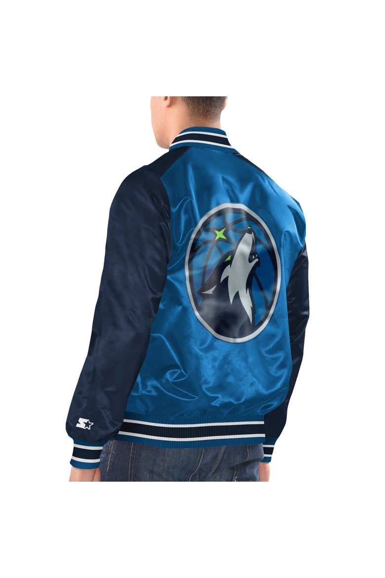 Men's Starter Blue/Navy Minnesota Timberwolves Renegade Satin Full-Snap Varsity Jacket, Alternate, color, Blue