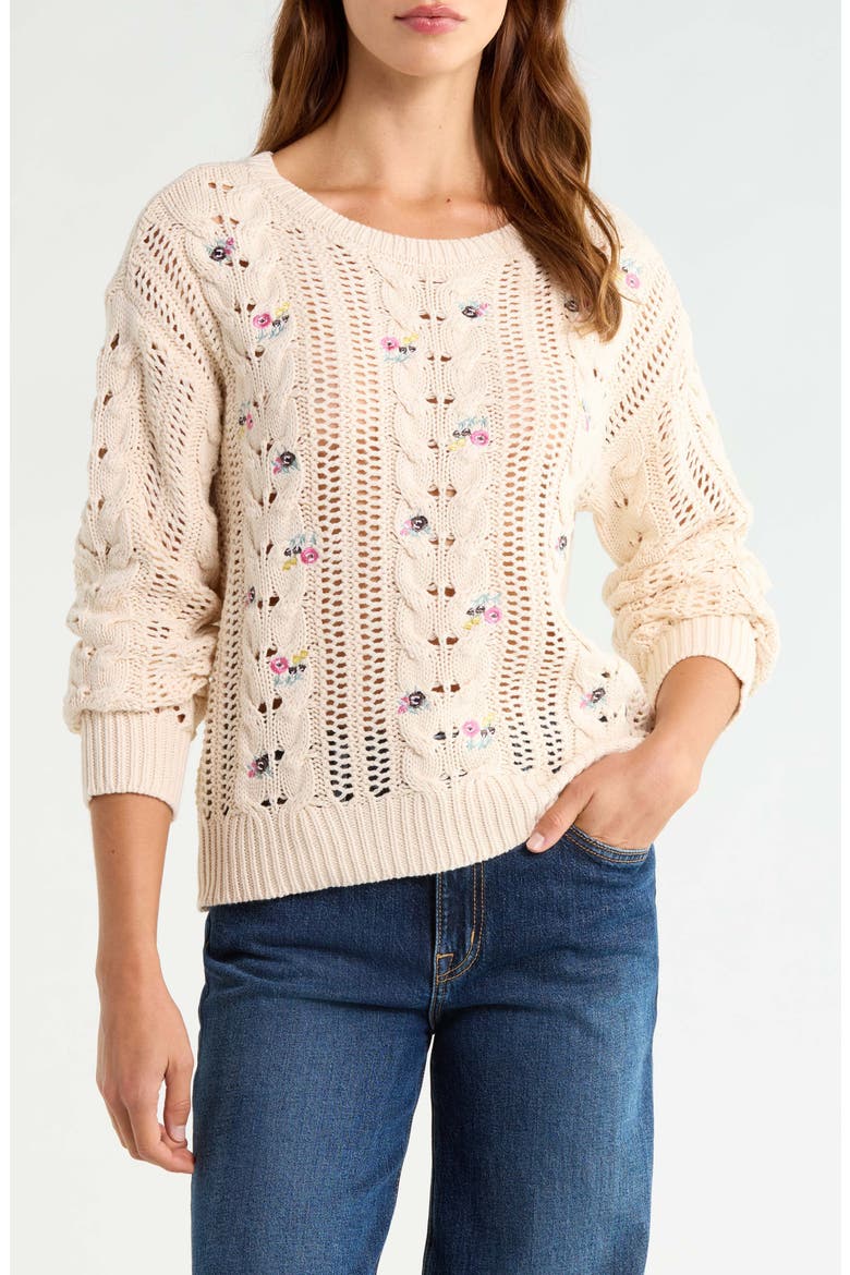 Floral Embroidered Cotton Blend Sweater, Main, color, WHITECAP GRAY
