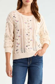 Lucky Brand Floral Embroidered Cotton Blend Sweater