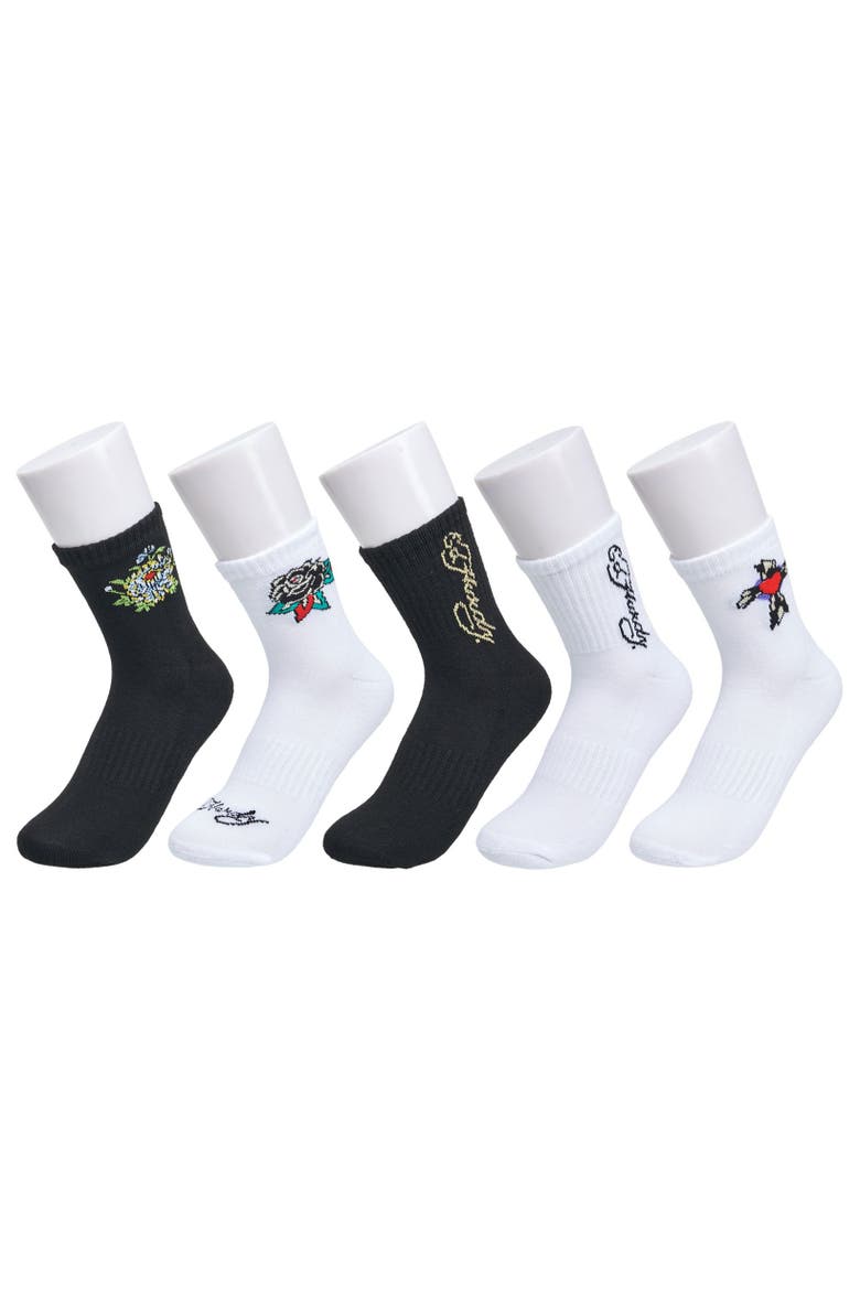 Flower Heart Print Half Cushion Mid Crew Sock 5-Pack, Main, color, White Multi