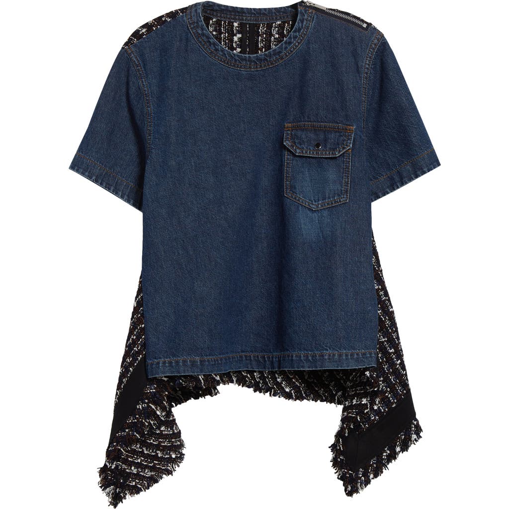 SACAI SACAI MIXED MEDIA DENIM & TWEED TOP