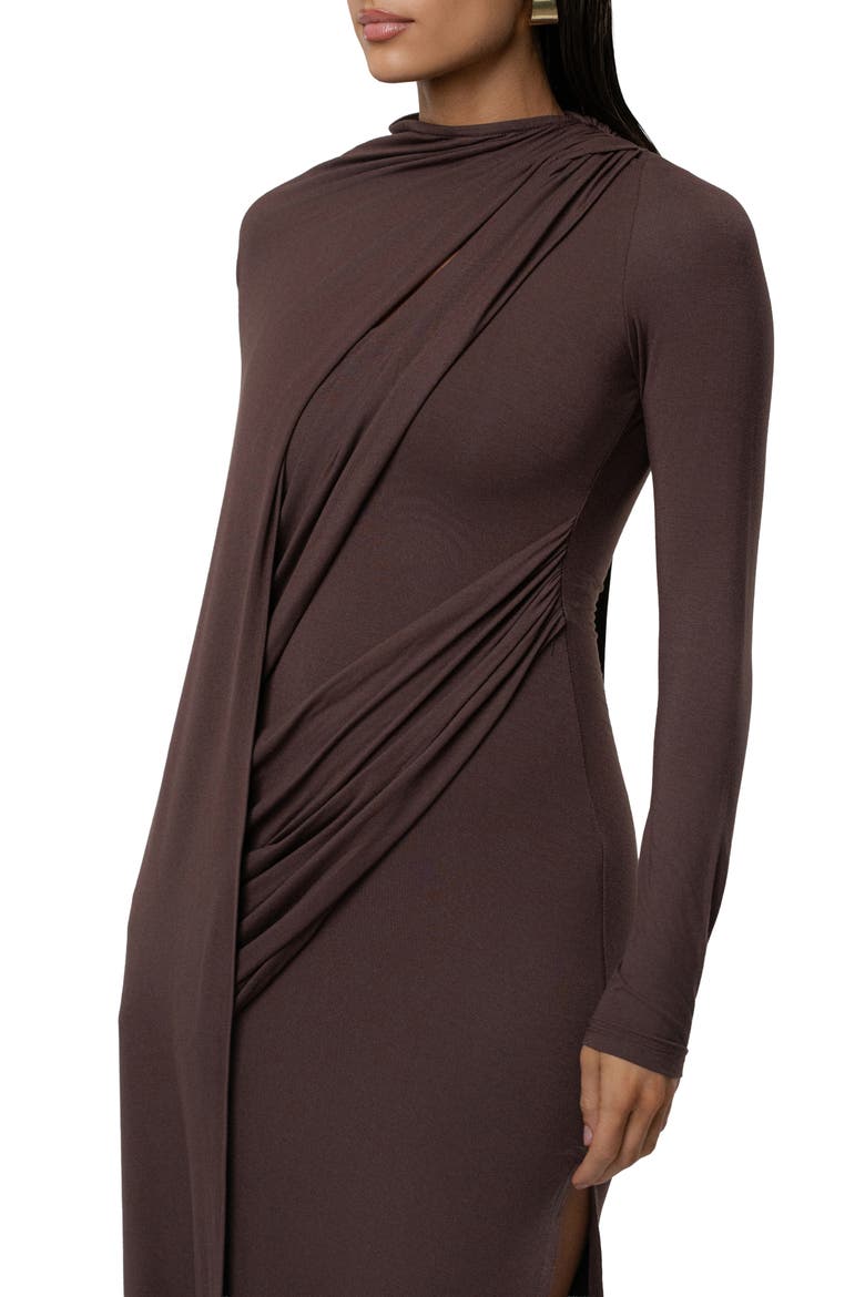 Draped Elegance Long Sleeve Gown, Alternate, color, BROWN
