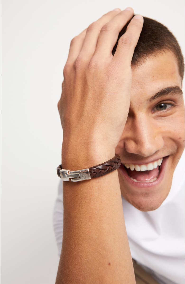 UNODE50 Cognac color braided leather sterling silver-plated bracelet with clasp., Alternate, color, Brown