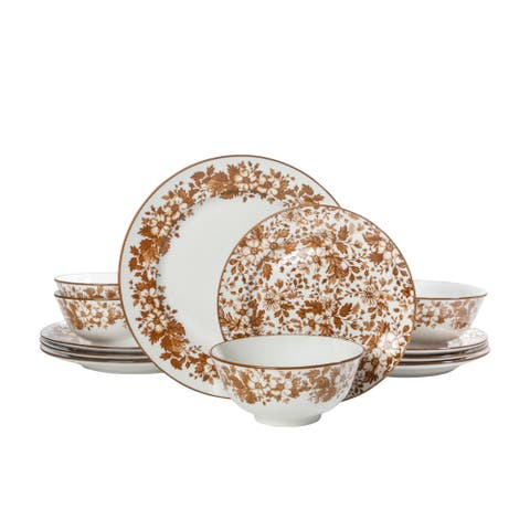 Martha Stewart Bedford Floral 12 Piece Porcelain Dinnerware Set for 4, Plates and Bowls