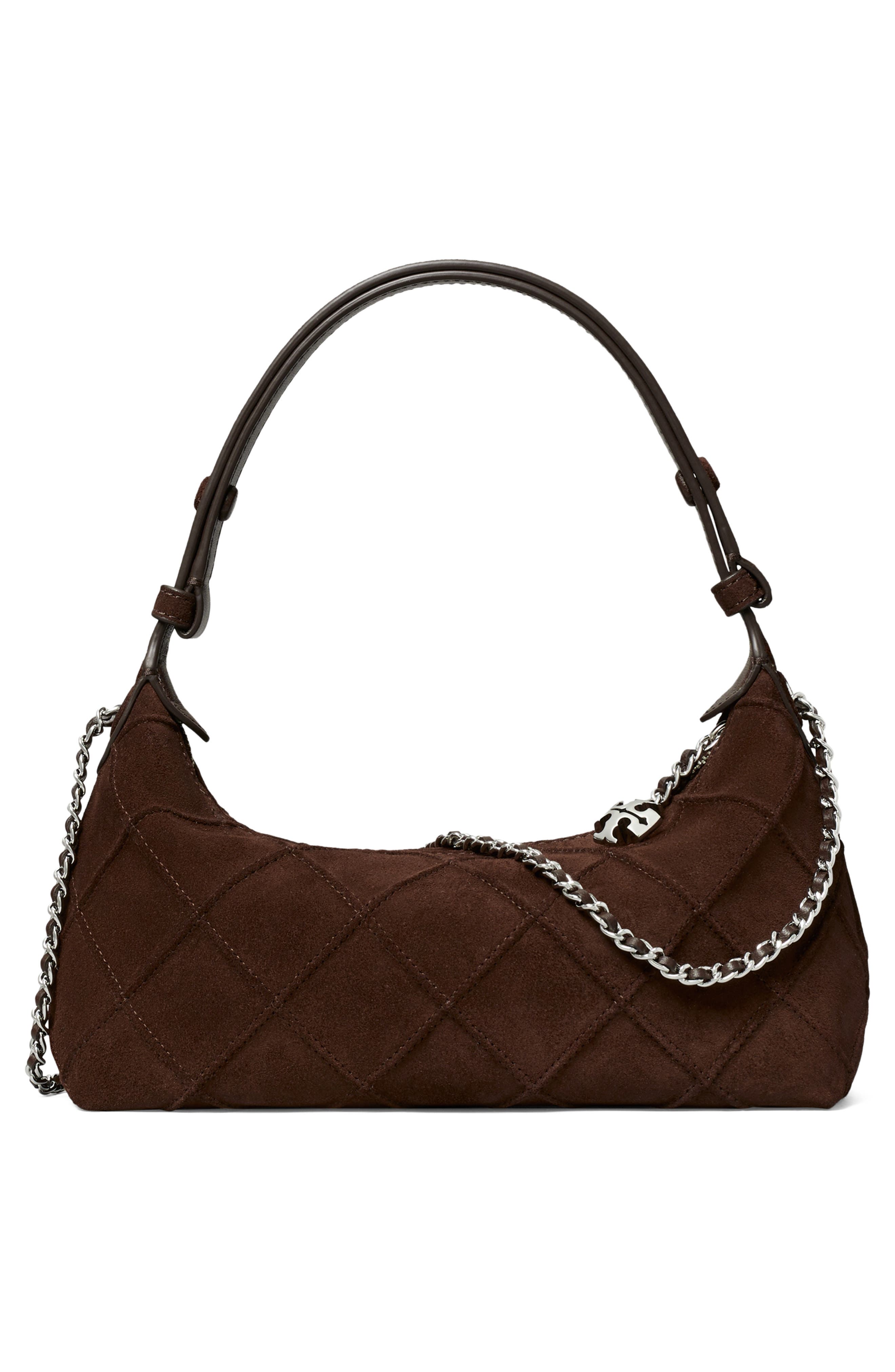 Tory Burch Fleming Pochette Quilted Suede Shoulder Bag, Alternate, color, Dark Cocoa