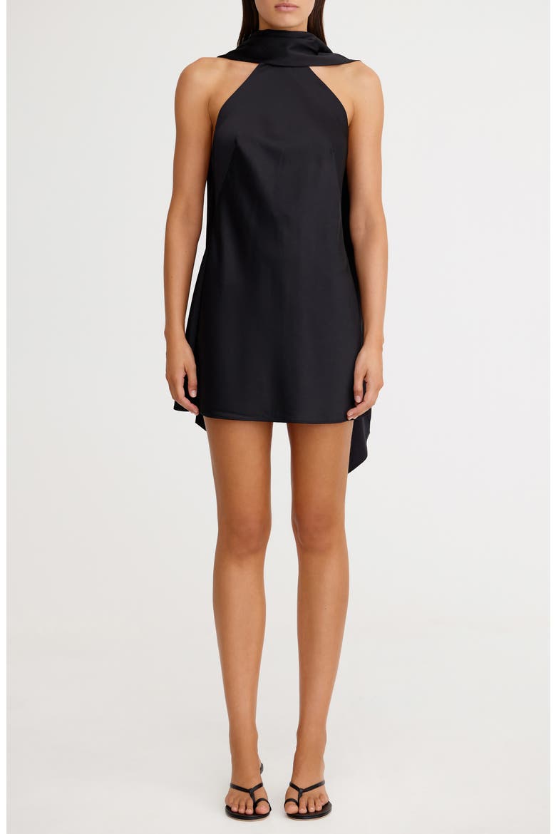 Lucile Scarf Detail Halter Neck Satin Cocktail Minidress, Main, color, BLACK