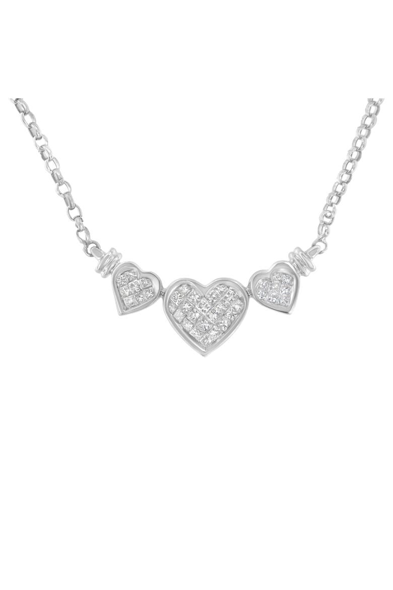 14K White Gold 1.0 Cttw Diamond Three Heart Statement Pendant Necklace, Main, color, White