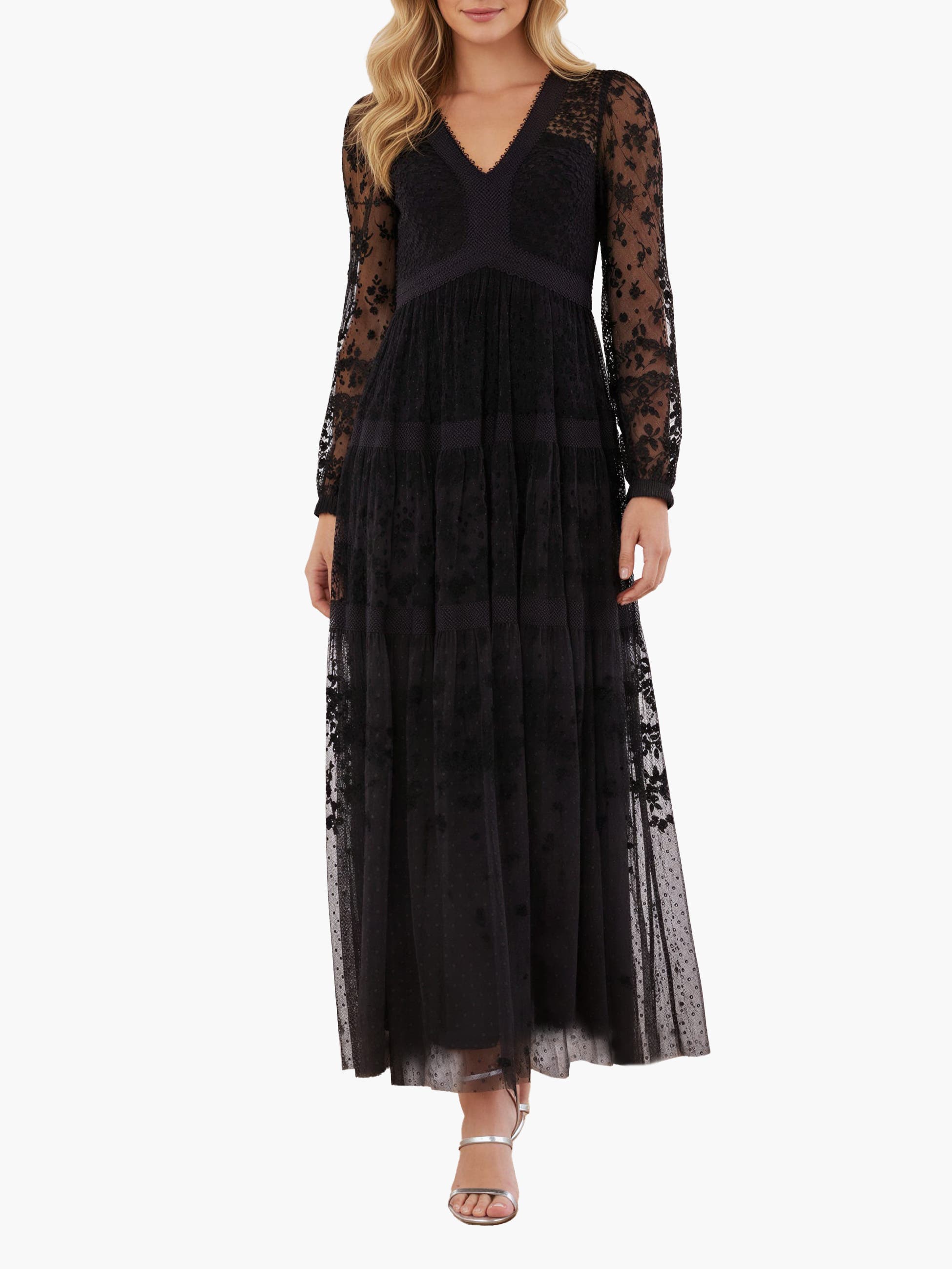 Needle & Thread Celestia Ribbon Long Sleeve V-neck Gown In Black