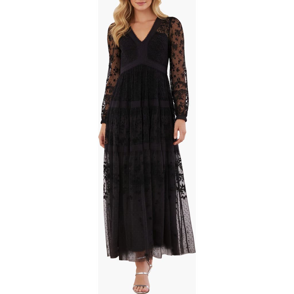 Needle & Thread Celestia Ribbon Long Sleeve V-neck Gown In Black