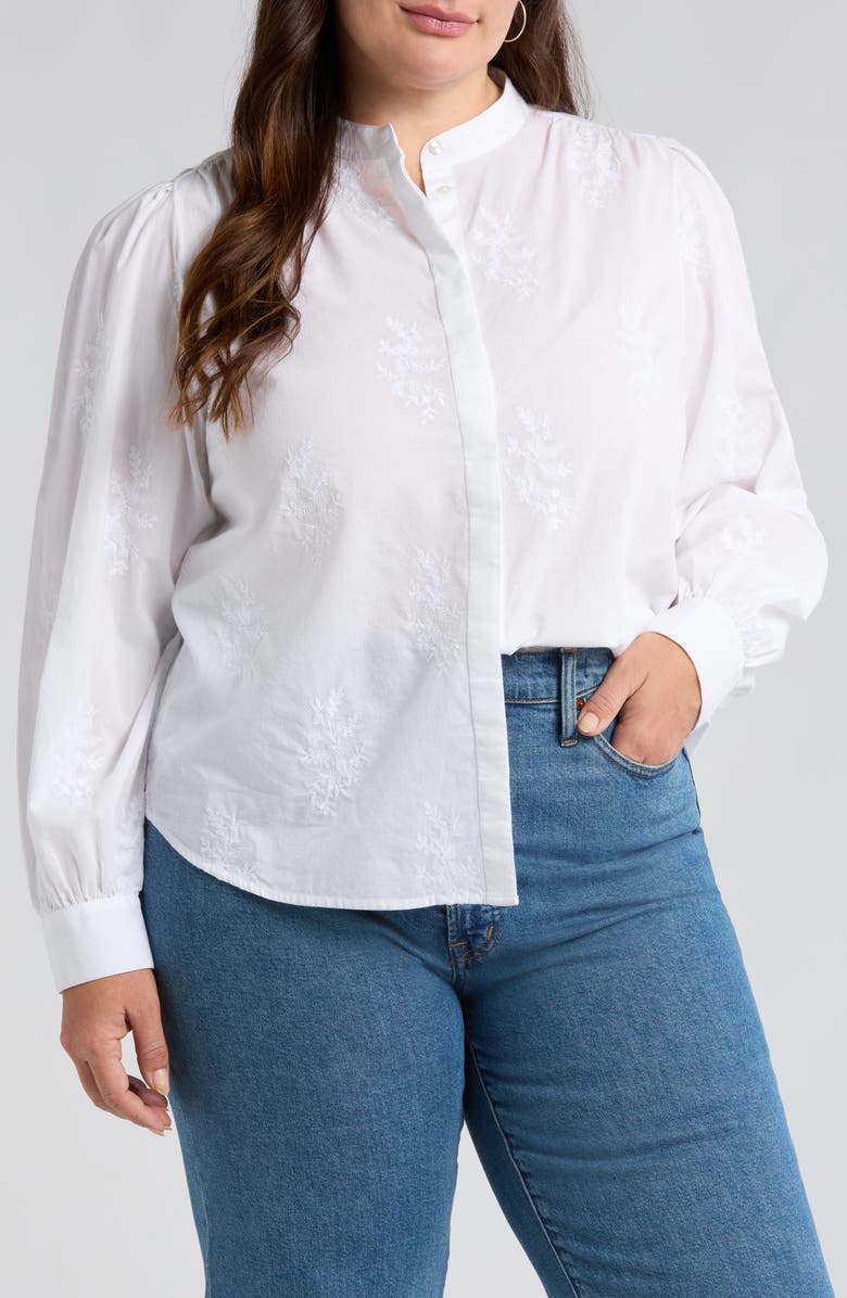 Caslon<sup>®</sup> Embroidered Cotton Button-Up Shirt, Main, color, White