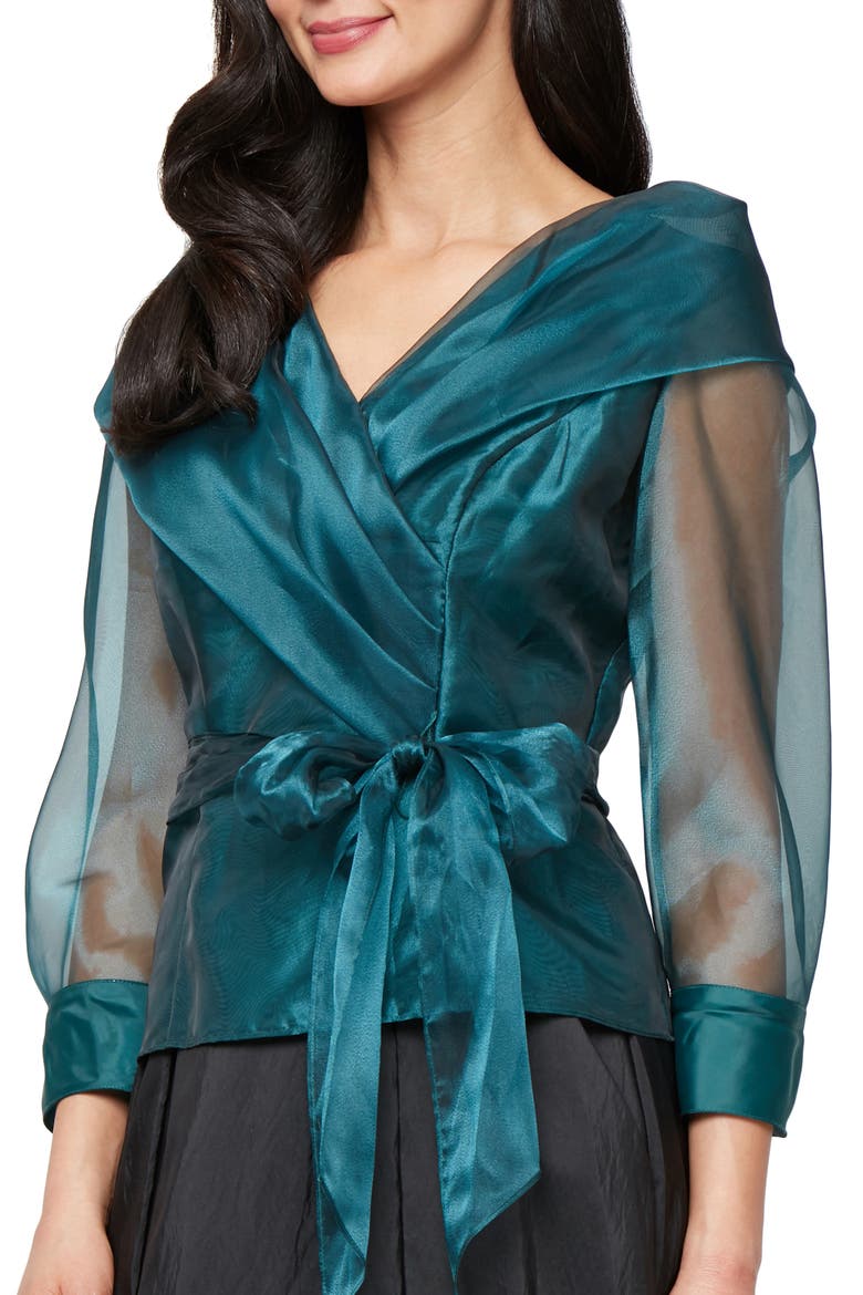 Shawl Collar Organza Top, Main, color, EMER GRN