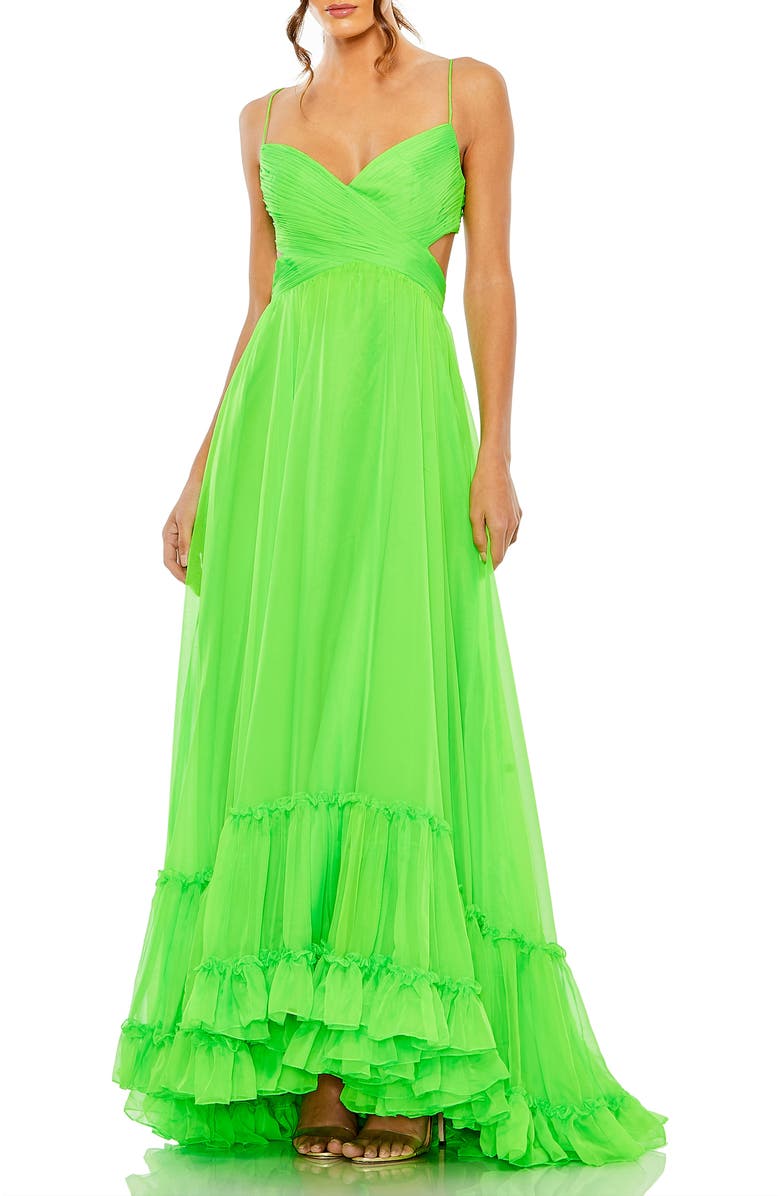 Mac Duggal Cut Out Chiffon Tiered Strappy Open Back Gown, Main, color, Lime