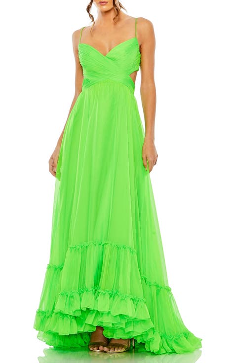 Cut Out Chiffon Tiered Strappy Open Back Gown