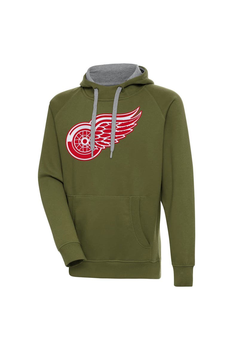 Men's Antigua Olive Detroit Red Wings Victory Pullover Hoodie, Main, color, Olive