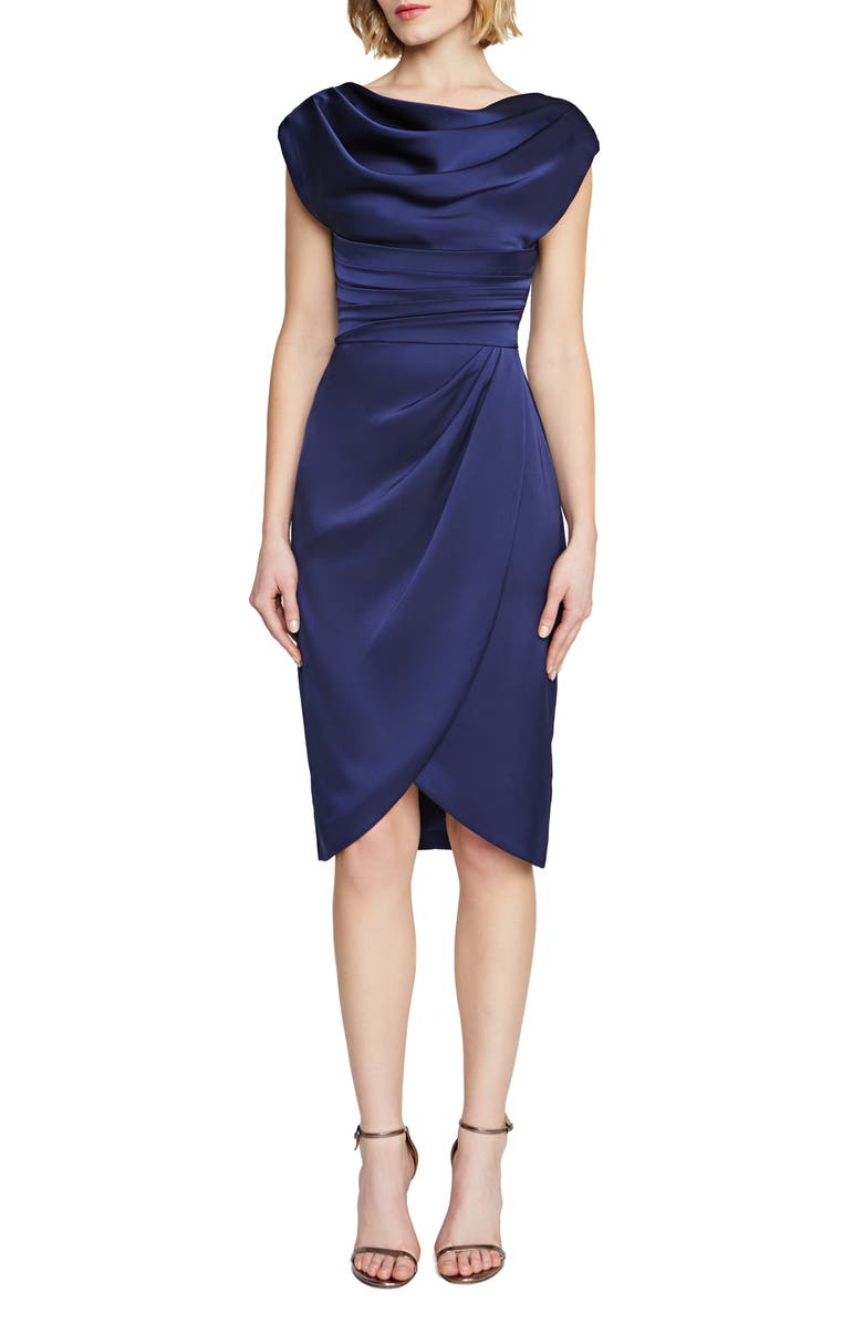 Theia Ivy Pleated Satin Cocktail Dress, Main, color, 