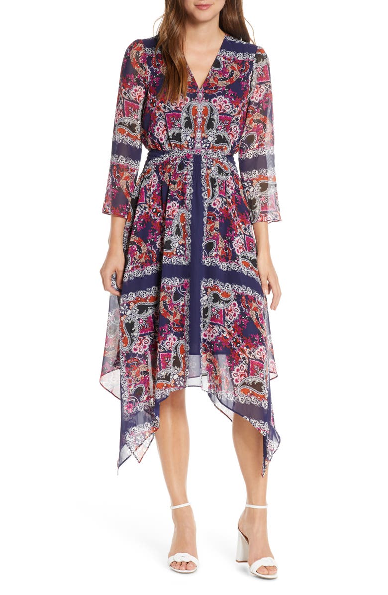 Vince Camuto Paisley Handkerchief Hem Midi Dress, Main, color,