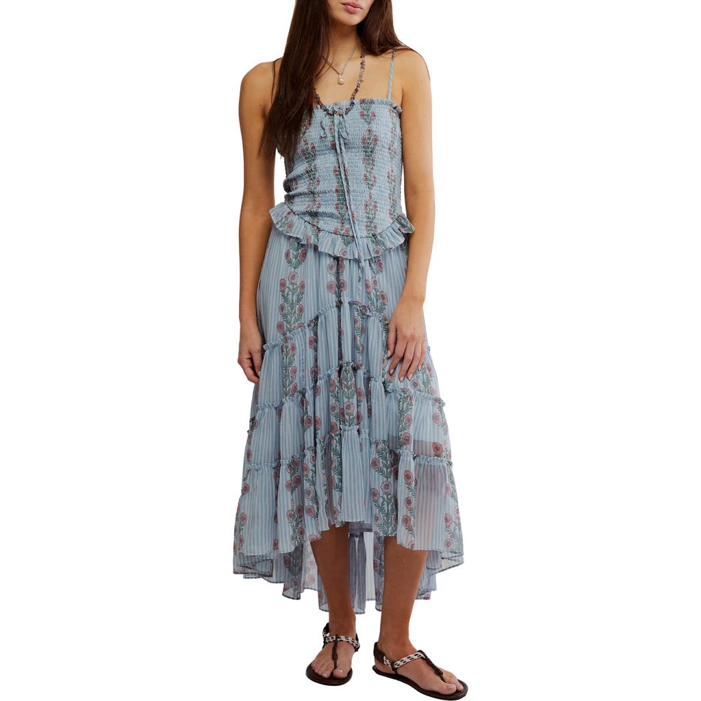 Free People Alejandra Floral Tiered Chiffon Midi Dress In Blue