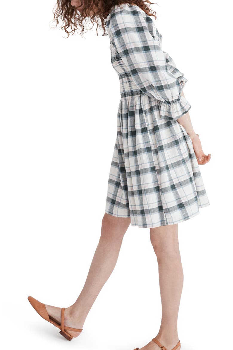 Lucie Lebaum Plaid Smocked Minidress, Alternate, color, ANTIQUE CREAM