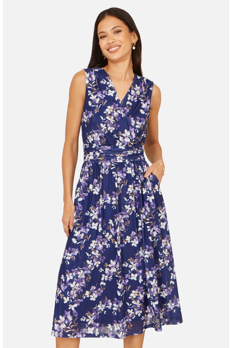 Blossom Print Mesh Stretch Midi Dress, Main, color, Navy