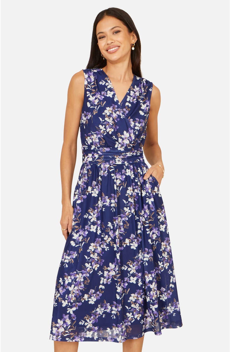 Yumi Blossom Print Mesh Stretch Midi Dress, Main, color, Navy