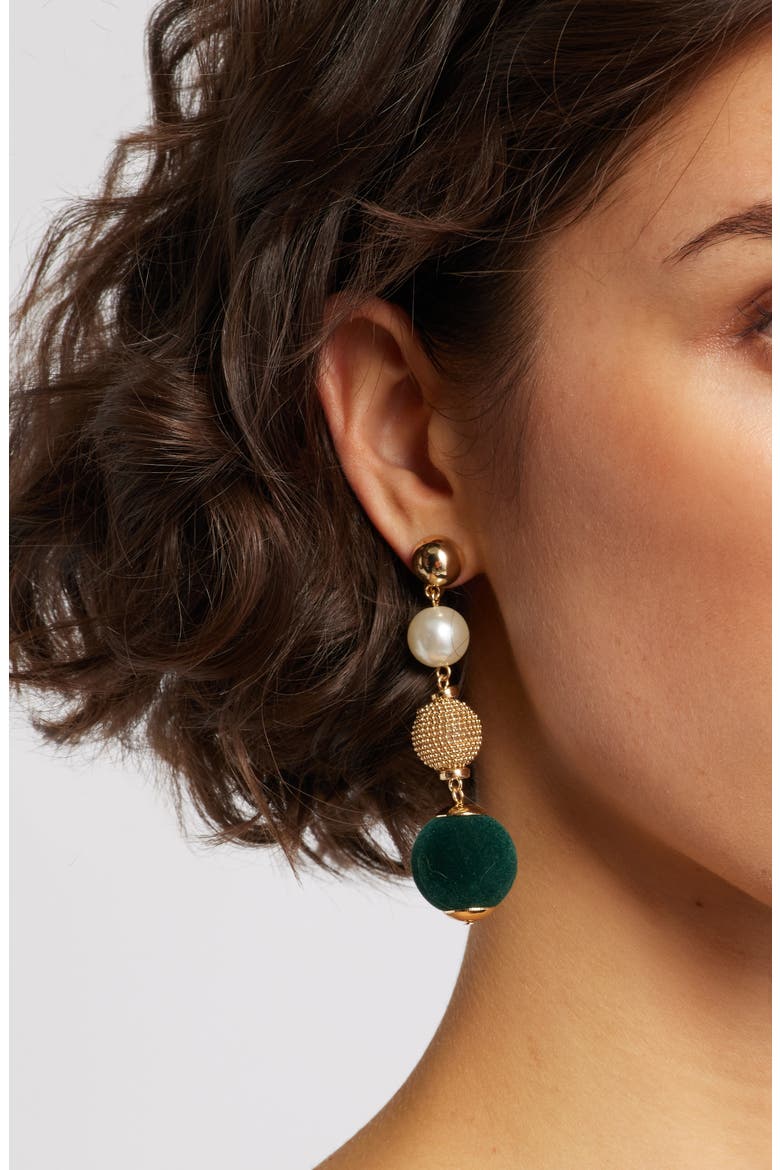 Orb Velvet & Faux Pearl Drop Earrings, Alternate, color, DARK GREEN- GOLD