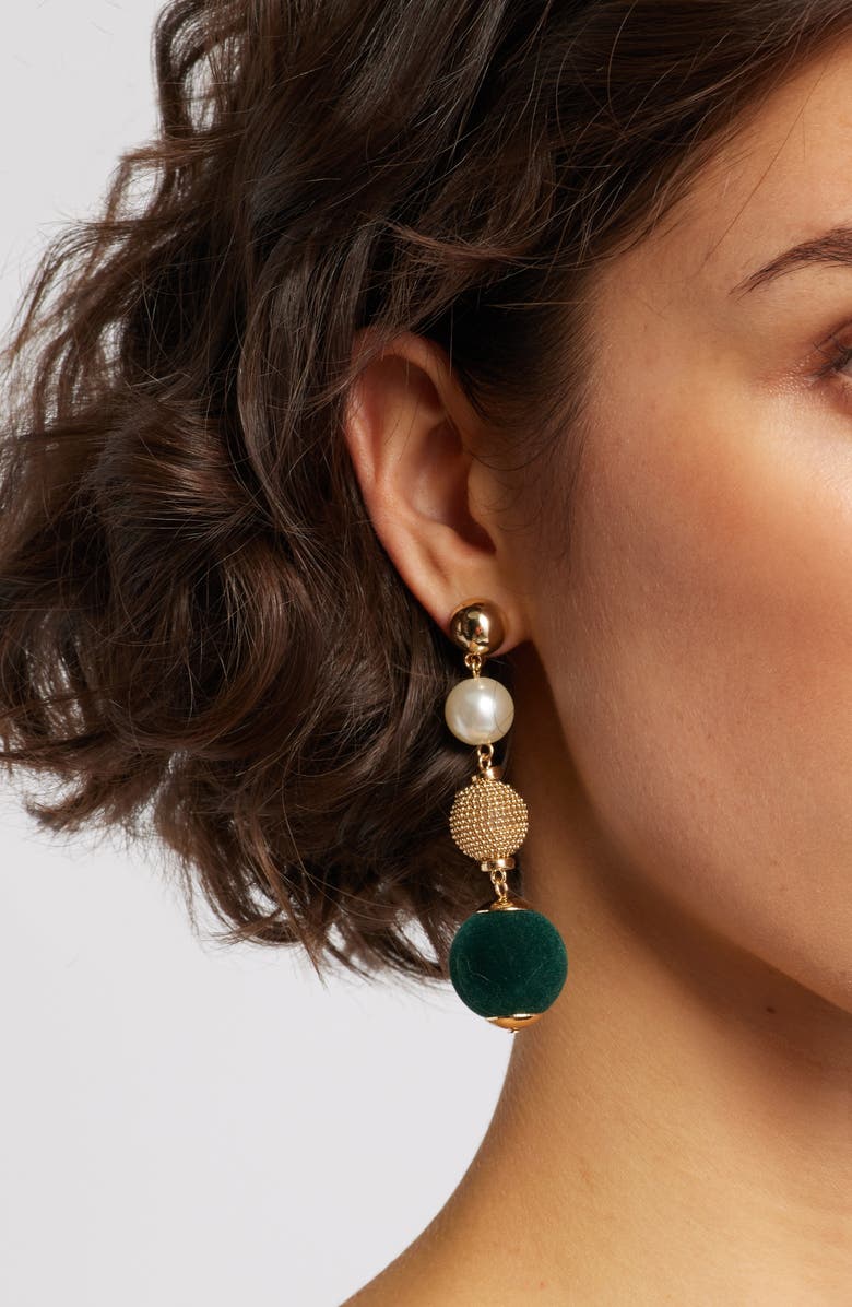 Nordstrom Orb Velvet & Faux Pearl Drop Earrings, Alternate, color, Dark Green- Gold