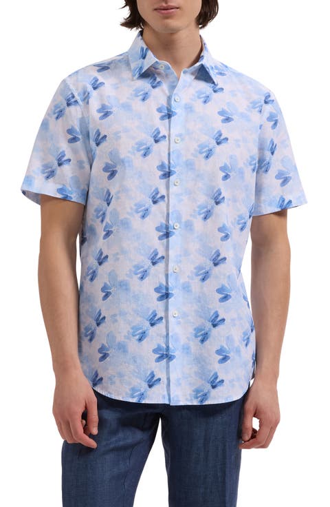Orson Shaped Fit Abstract Floral Short Sleeve Linen & Cotton Button-Up Shirt