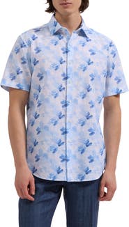 Bugatchi Orson Shaped Fit Abstract Floral Short Sleeve Linen & Cotton Button-Up Shirt