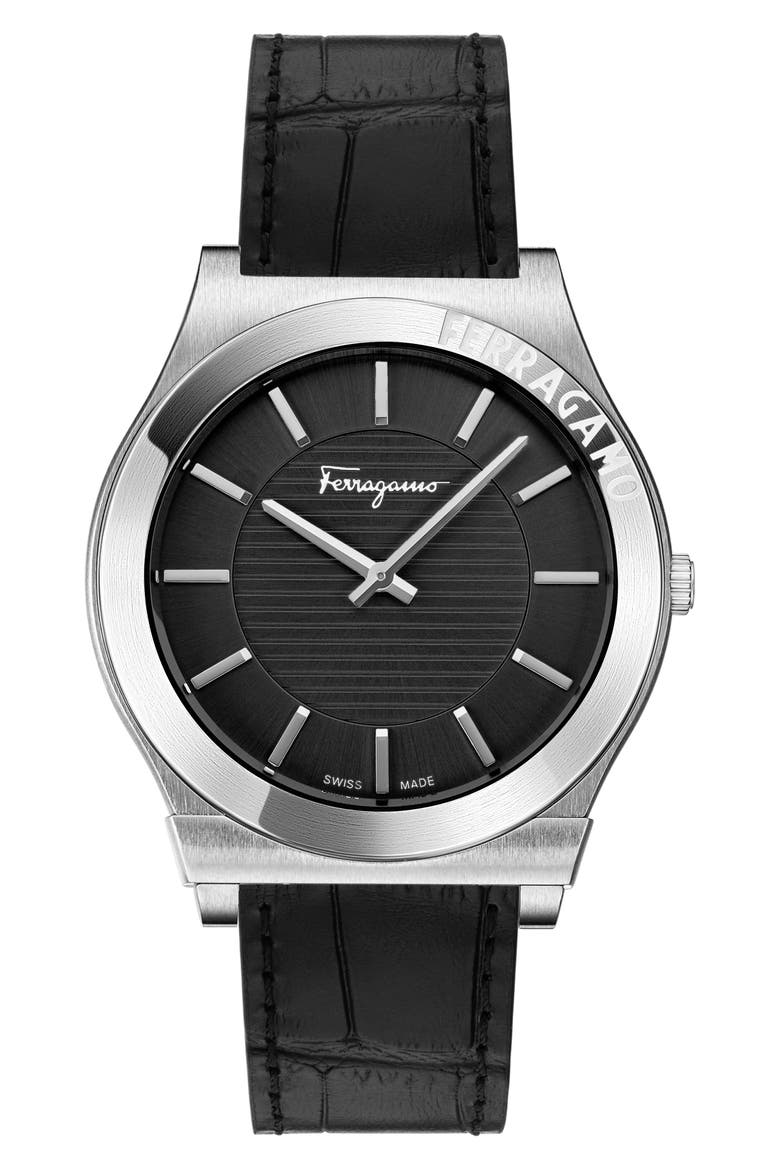 Gancini Swiss Quartz Leather Strap Watch, 42mm, Main, color, STAINLESS STEEL