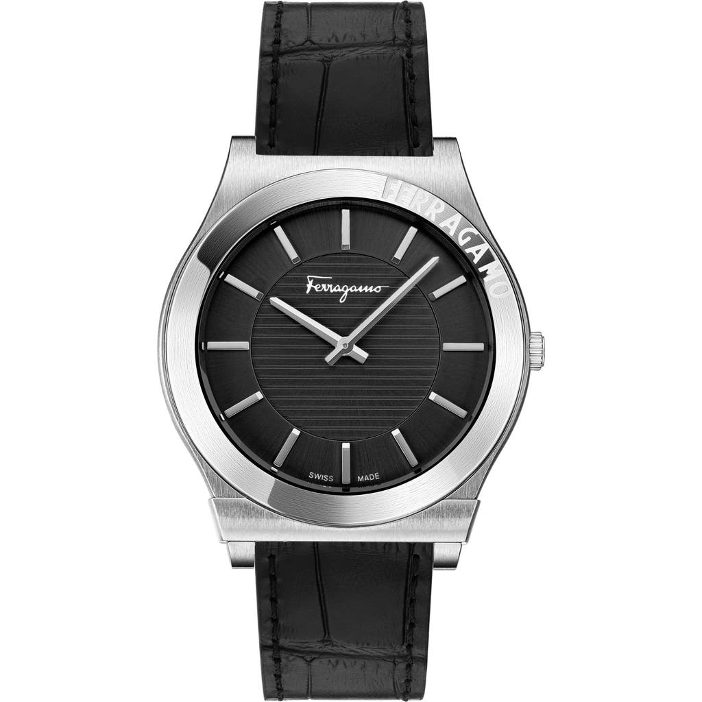 FERRAGAMO Gancini Swiss Quartz Leather Strap Watch, 42mm in Stainless Steel at Nordstrom Rack