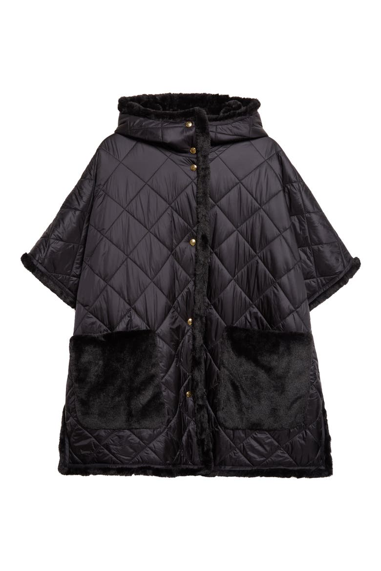 Quilted Faux Fur Trim Cape, Main, color, BLACK