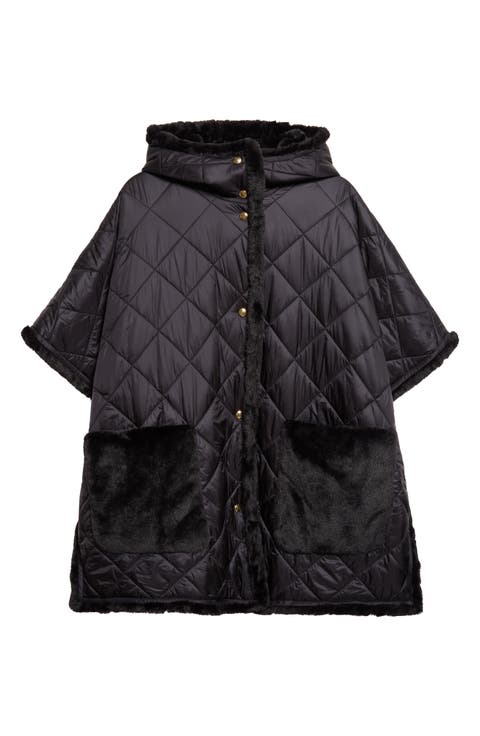 Quilted Faux Fur Trim Cape