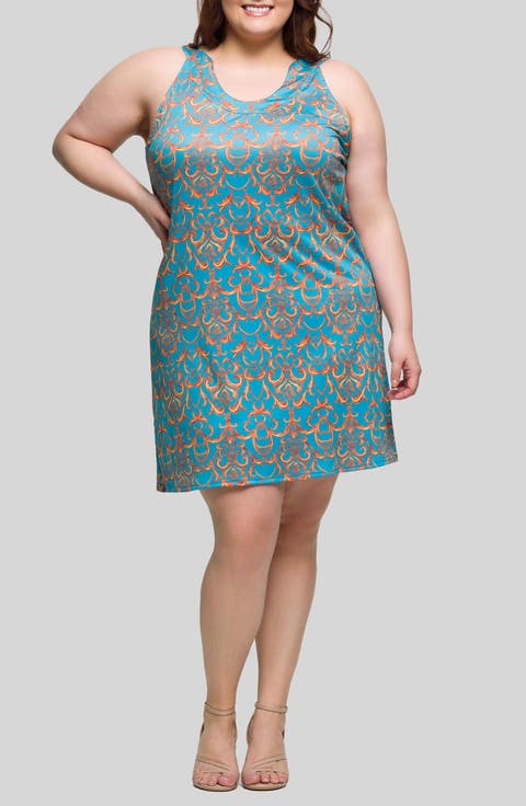 Filigree Print U-Neck Sleeveless Dress (Plus)
