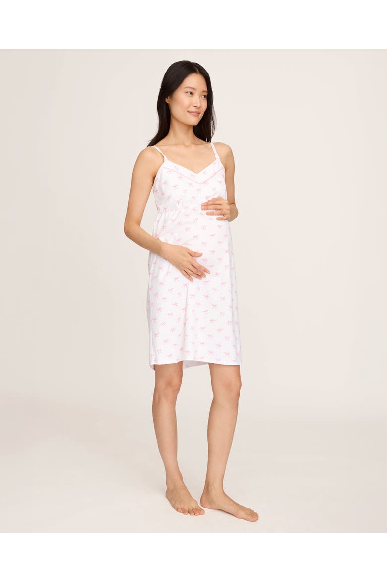 Pima Cotton Maternity Nightgown in Blushing Bows, Alternate, color, White