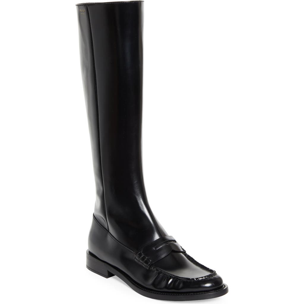 Prada Knee High Loafer Boot In Black