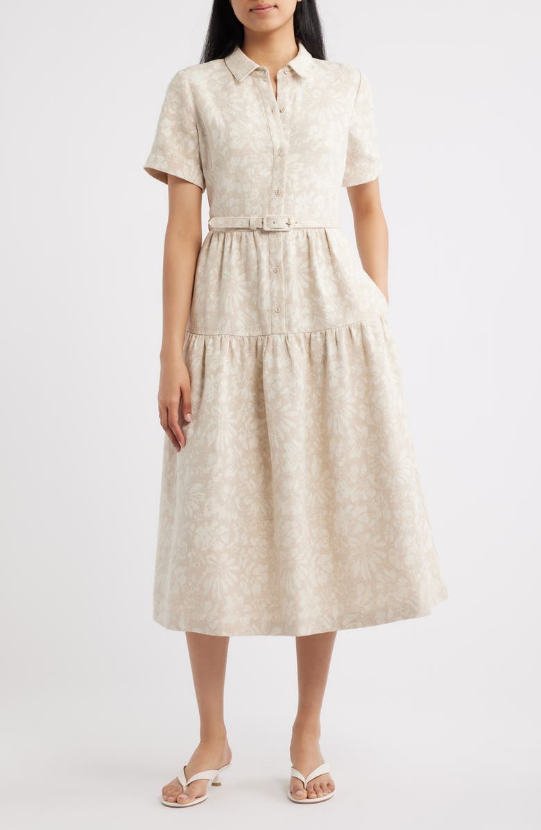Eliza J Floral Print Cotton Blend Shirtdress, Main, color, Oatmeal