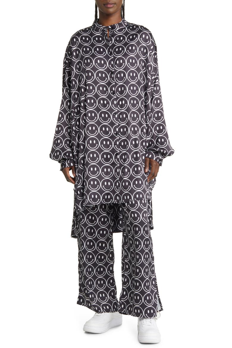Oversize Button-Up Satin Shirt & Pants Set, Main, color, CURRENT MOOD BLACK