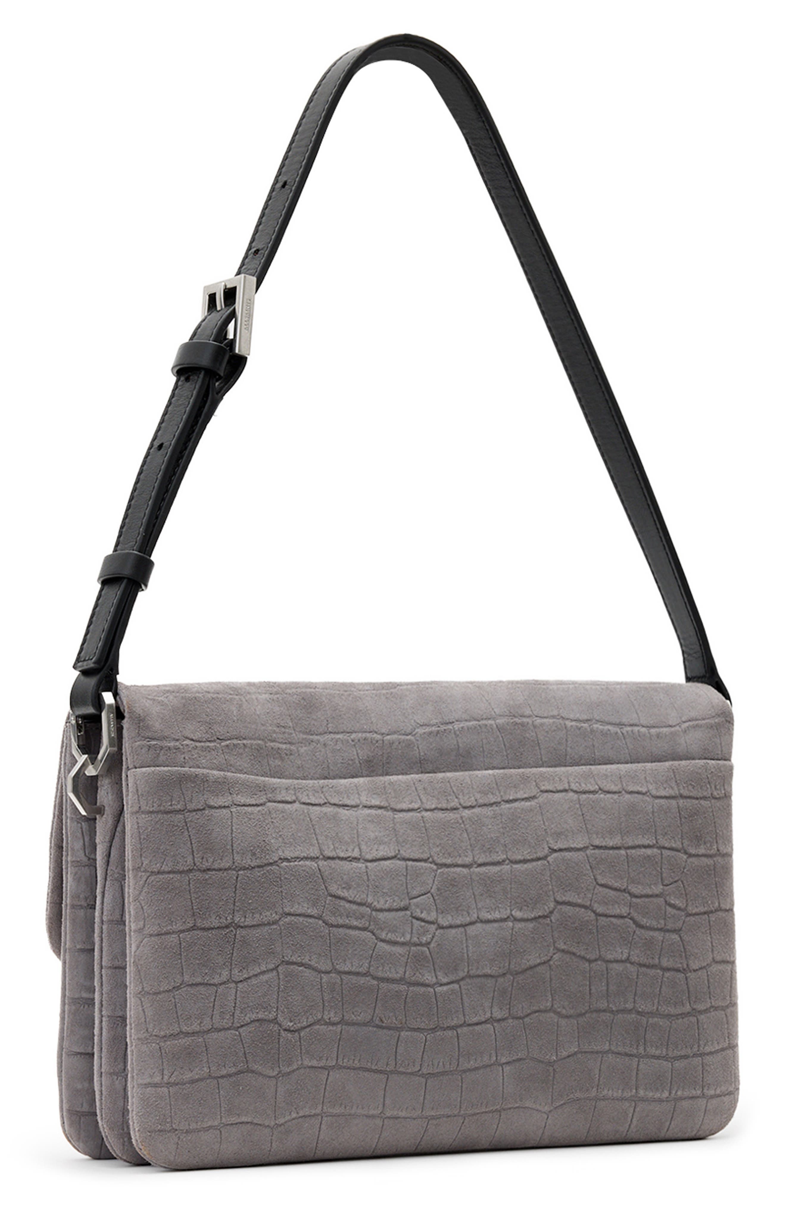 AllSaints Ondine Croc Embossed Suede Shoulder Bag, Alternate, color, Slate Blue