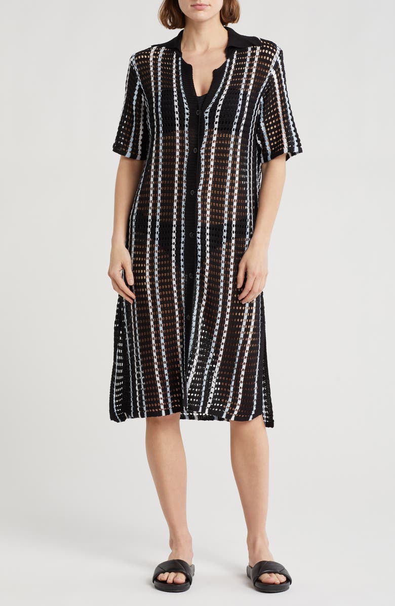 NORDSTROM RACK Open Knit Button-Up Cover-Up Dress, Main, color, Black Stripe