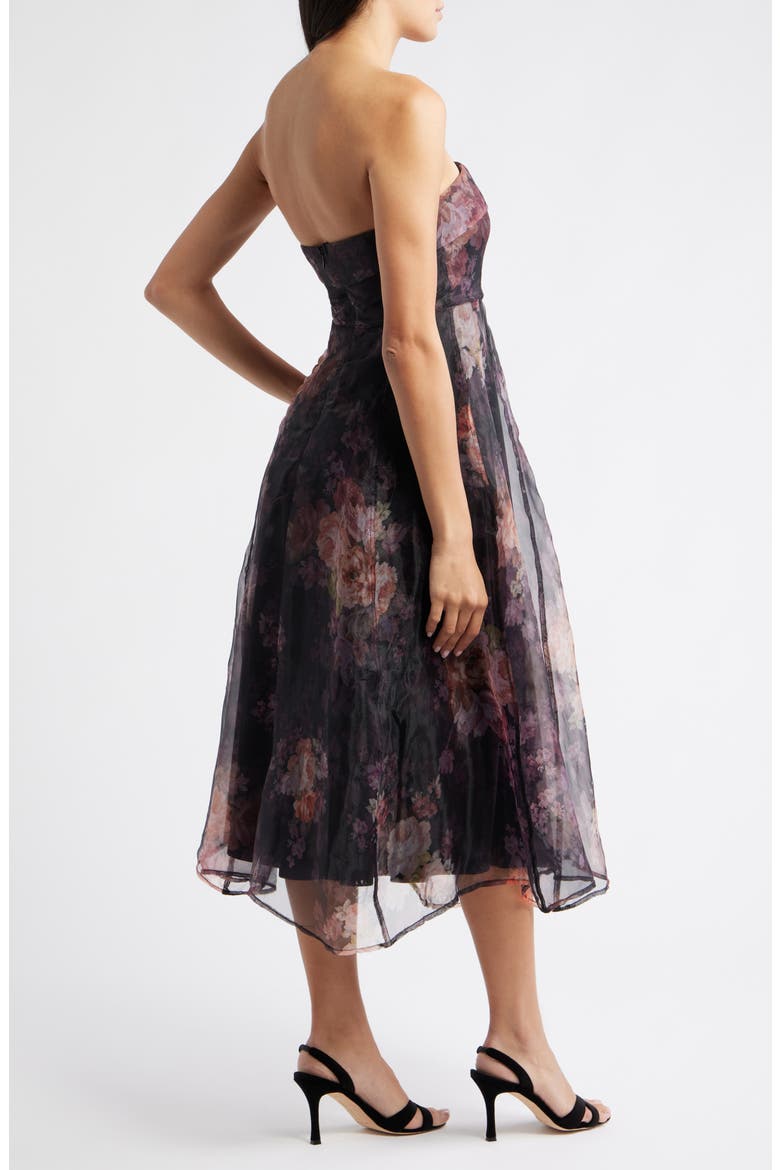 Elena Strapless Organza Midi Dress, Alternate, color, BLACK FLORAL