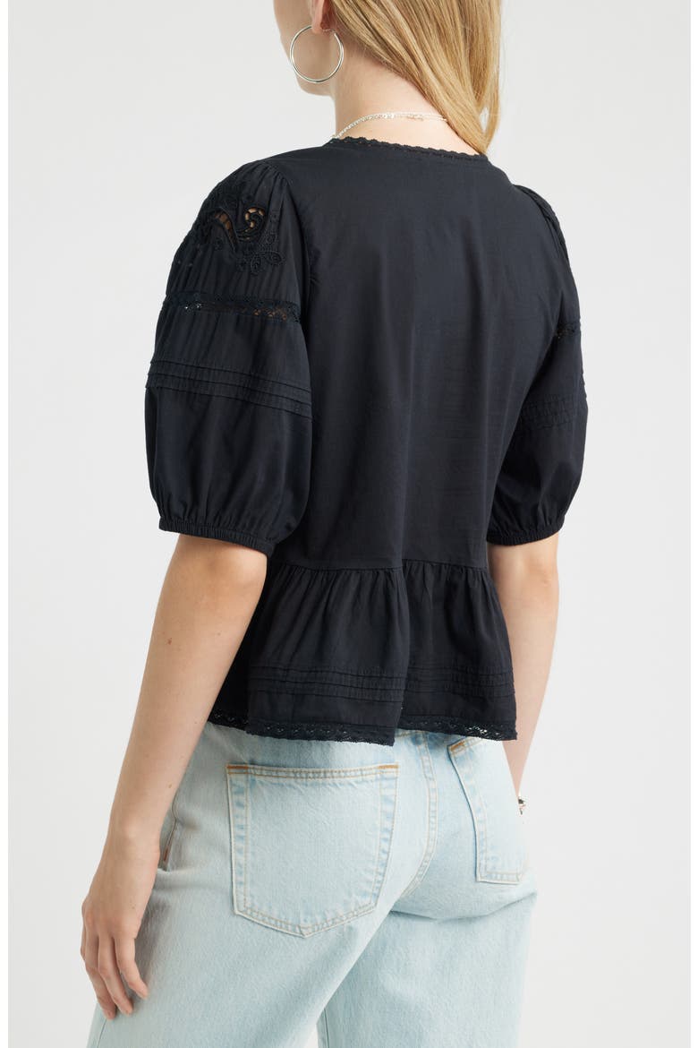 Cutwork Puff Sleeve Cotton Top, Alternate, color, BLACK