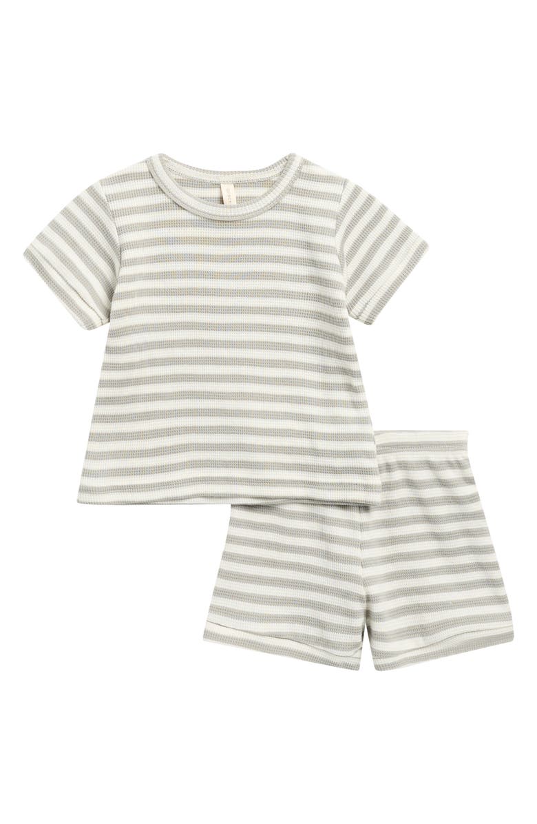 QUINCY MAE Stripe Organic Cotton Waffle Knit T-Shirt & Shorts Set, Main, color, Sage