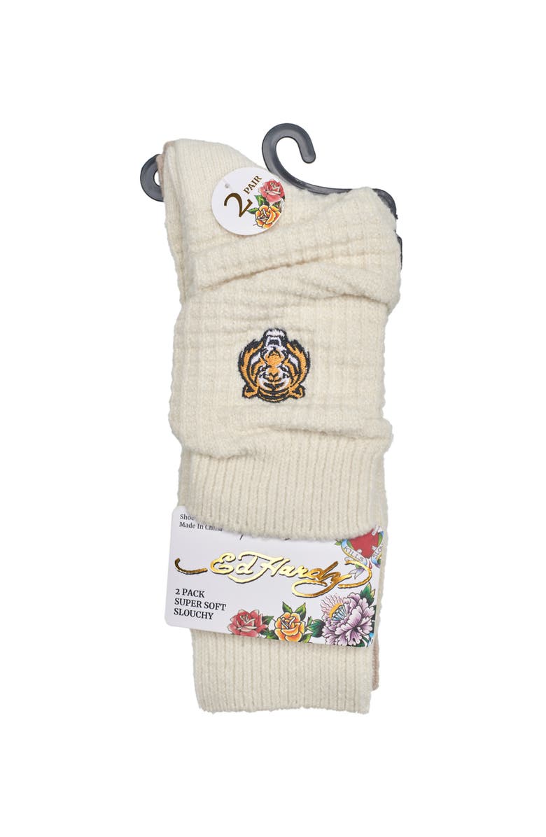 Ed Hardy Womens Tiger Embroidery Waffle Knit Slouchy Sock 2-Pack, Alternate, color, Cream/Tan