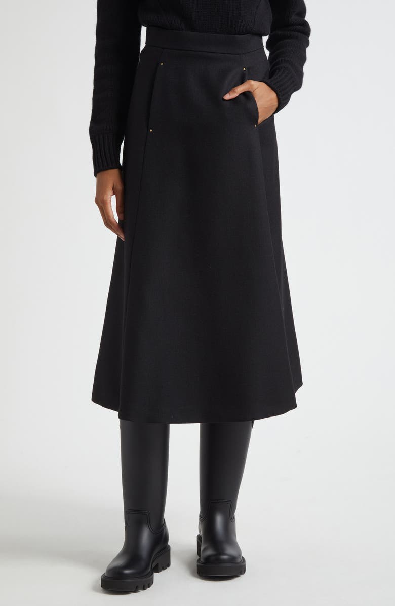 Moncler Virgin Wool A-Line Midi Skirt, Main, color, Black