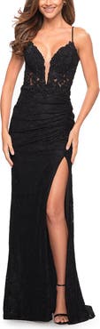 La Femme Illusion Lace Gown with Deep V Neckline