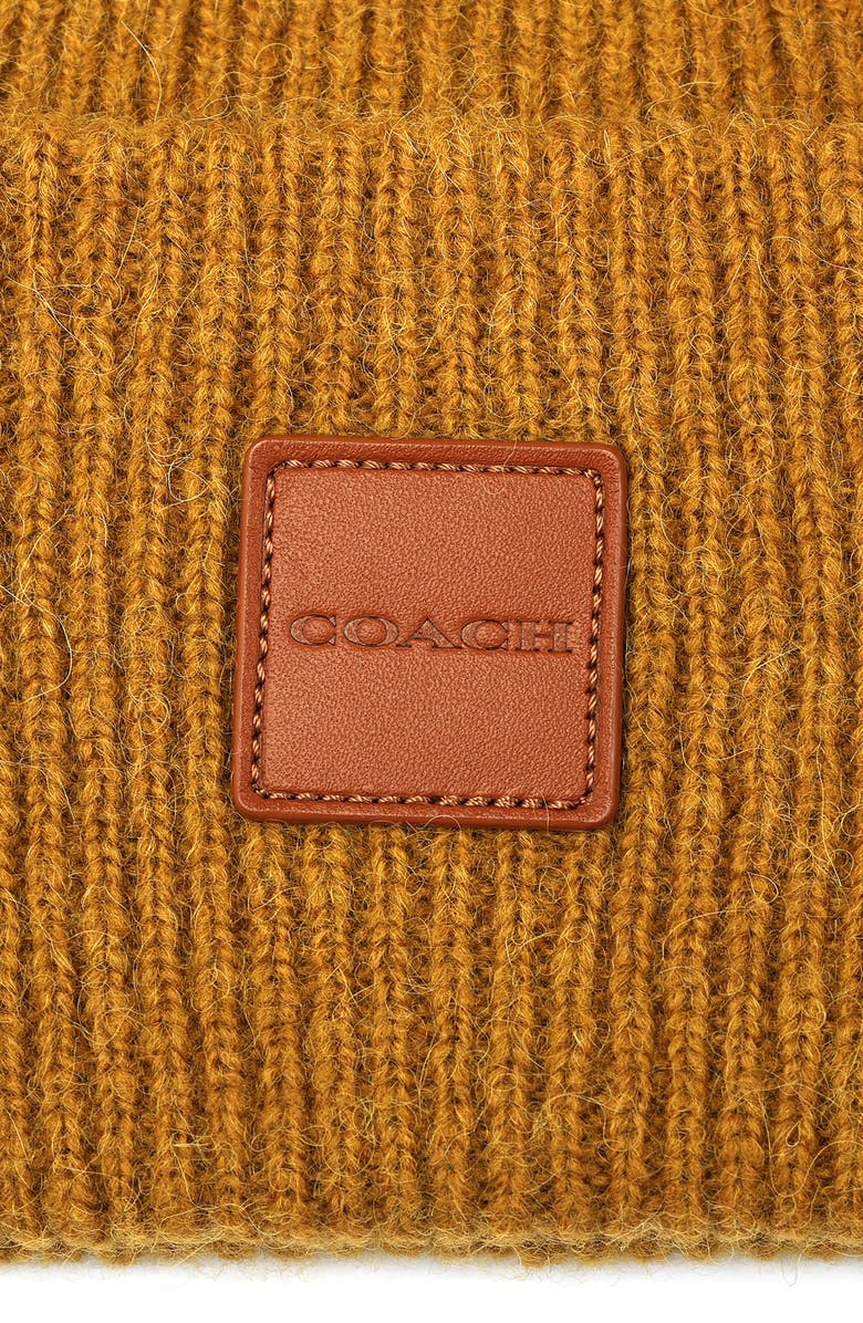 COACH Leather Patch Rib Beanie, Alternate, color, Honey Brown