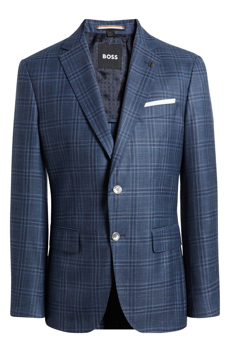 BOSS Hutson Slim Fit Blue Check Wool & Silk Blend Sport Coat, Alternate, color, Medium Blue
