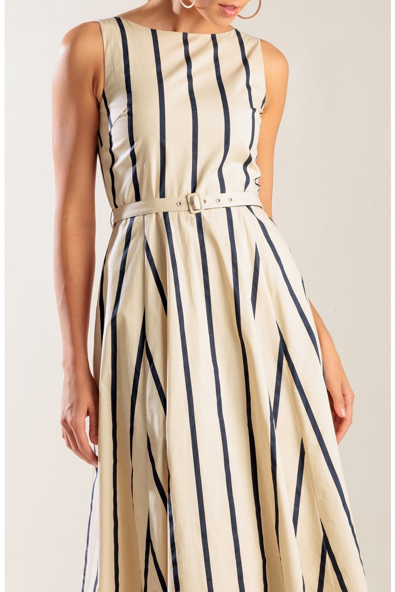 Stripe Sleeveless Belted Cotton Midi Dress, Alternate, color, ECRU/ NAVY