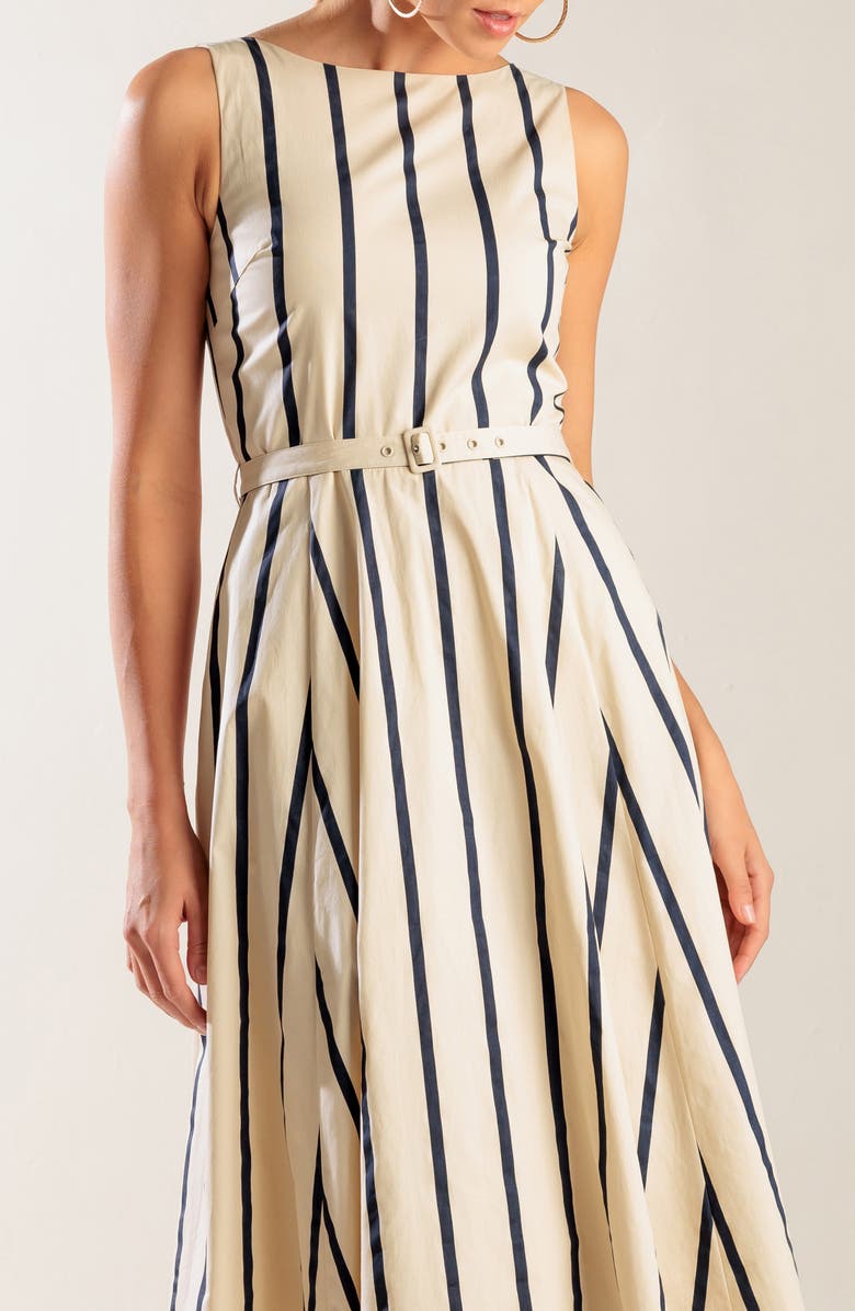 FREEMARKET Stripe Sleeveless Belted Cotton Midi Dress, Alternate, color, Ecru/ Navy