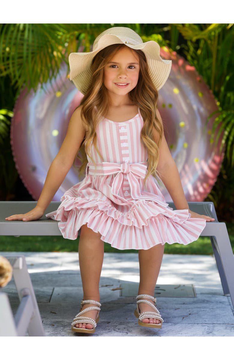 Mia Belle Girls Pink Candy Stripe Button-Up Linen Ruffle Dress, Alternate, color, Pink